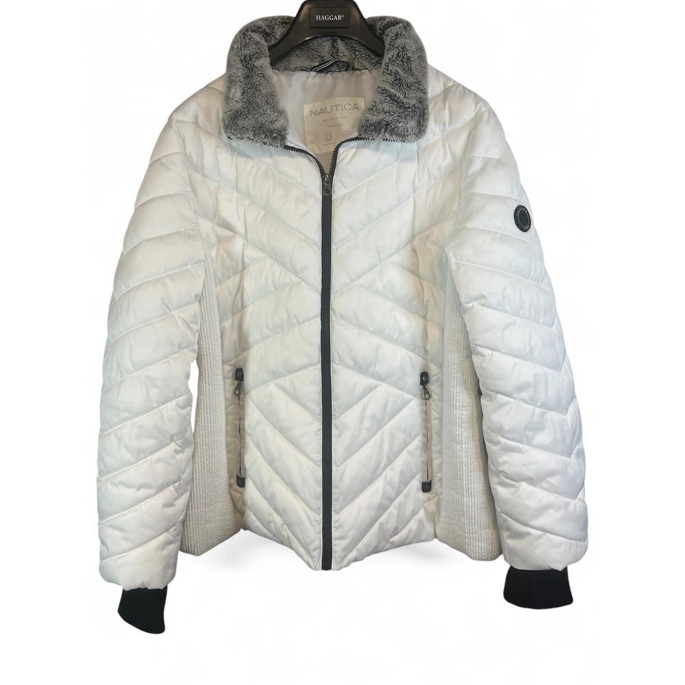 Nautica Womens White Chevron Puffer Jacket Faux Fur Collar XXL Water Resistant